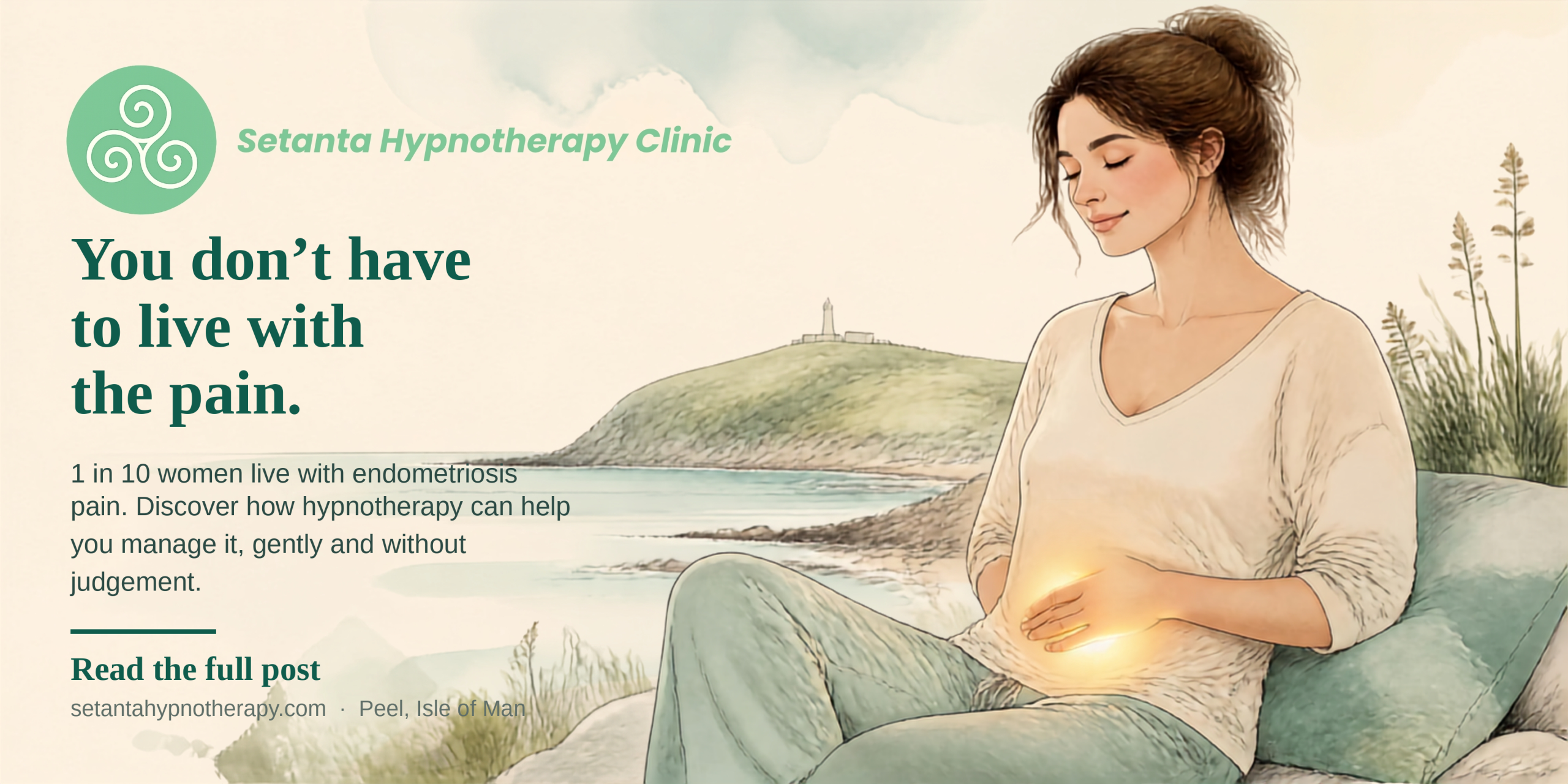 Illustration of a young woman seated by the coast with her eyes closed, hand resting gently over her abdomen with a warm glow, symbolising calm relief from endometriosis pain